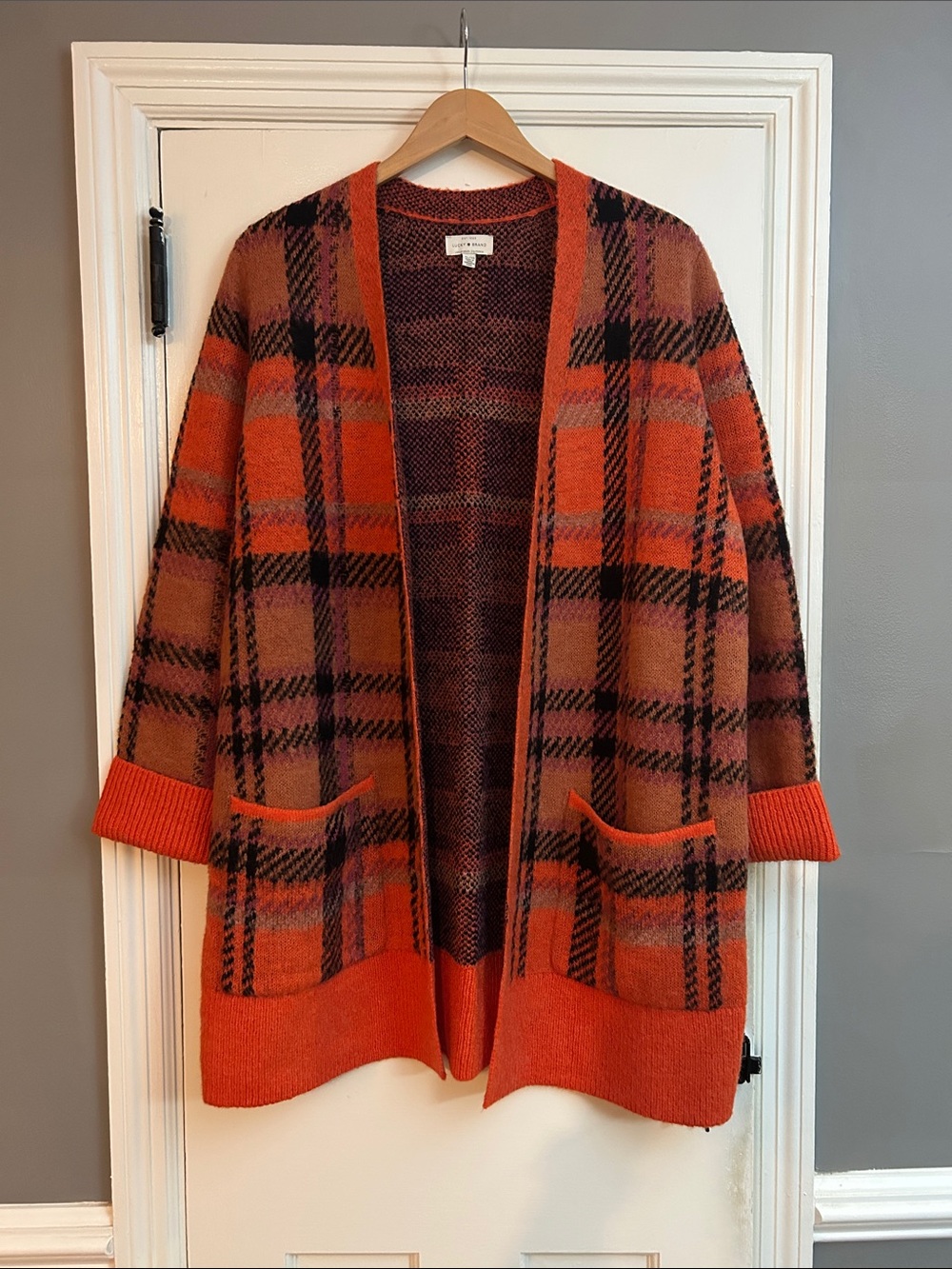 Lucky Brand Orange Plaid Open-Front Cardigan Like New Condition